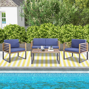 4 Piece Patio Acacia Wood Conversation Set with Soft Seat-Navy view 2