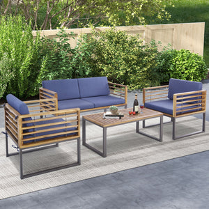 4 Piece Patio Acacia Wood Conversation Set with Soft Seat-Navy view 3