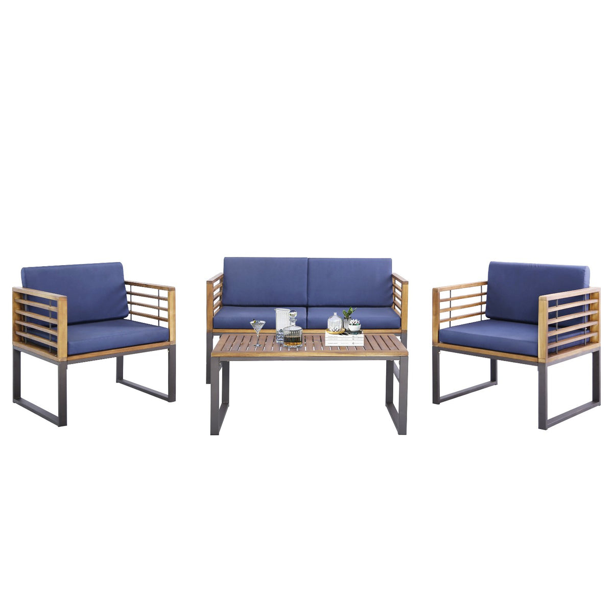 4 Piece Patio Acacia Wood Conversation Set with Soft Seat-Navy view 4