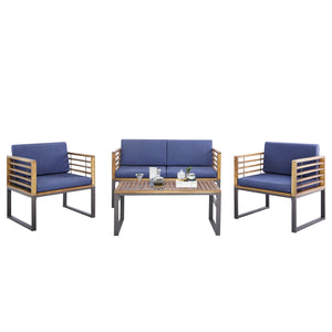 4 Piece Patio Acacia Wood Conversation Set with Soft Seat-Navy view 4