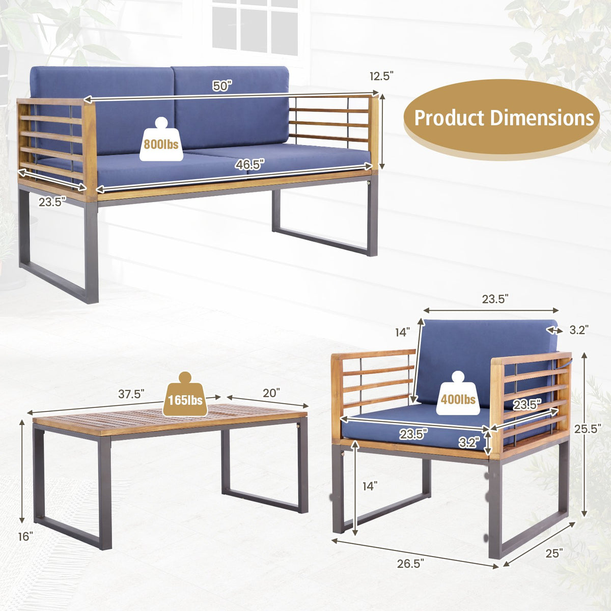 4 Piece Patio Acacia Wood Conversation Set with Soft Seat-Navy view 5