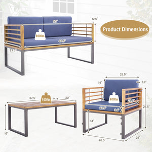 4 Piece Patio Acacia Wood Conversation Set with Soft Seat-Navy view 5