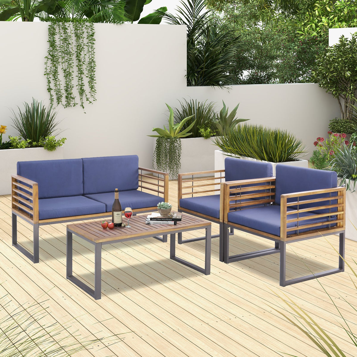 4 Piece Patio Acacia Wood Conversation Set with Soft Seat-Navy view 6