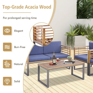 4 Piece Patio Acacia Wood Conversation Set with Soft Seat-Navy view 8