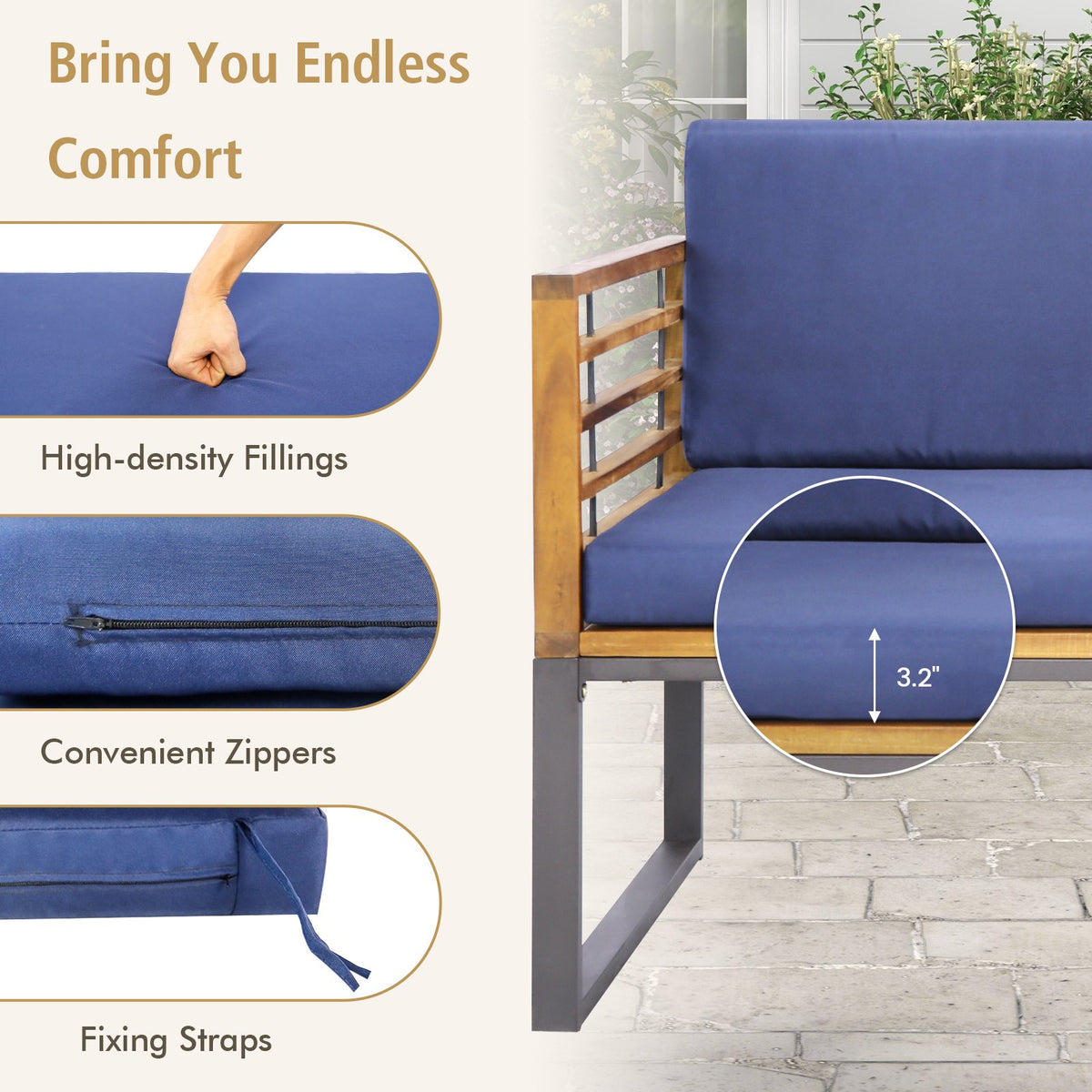 4 Piece Patio Acacia Wood Conversation Set with Soft Seat-Navy view 9
