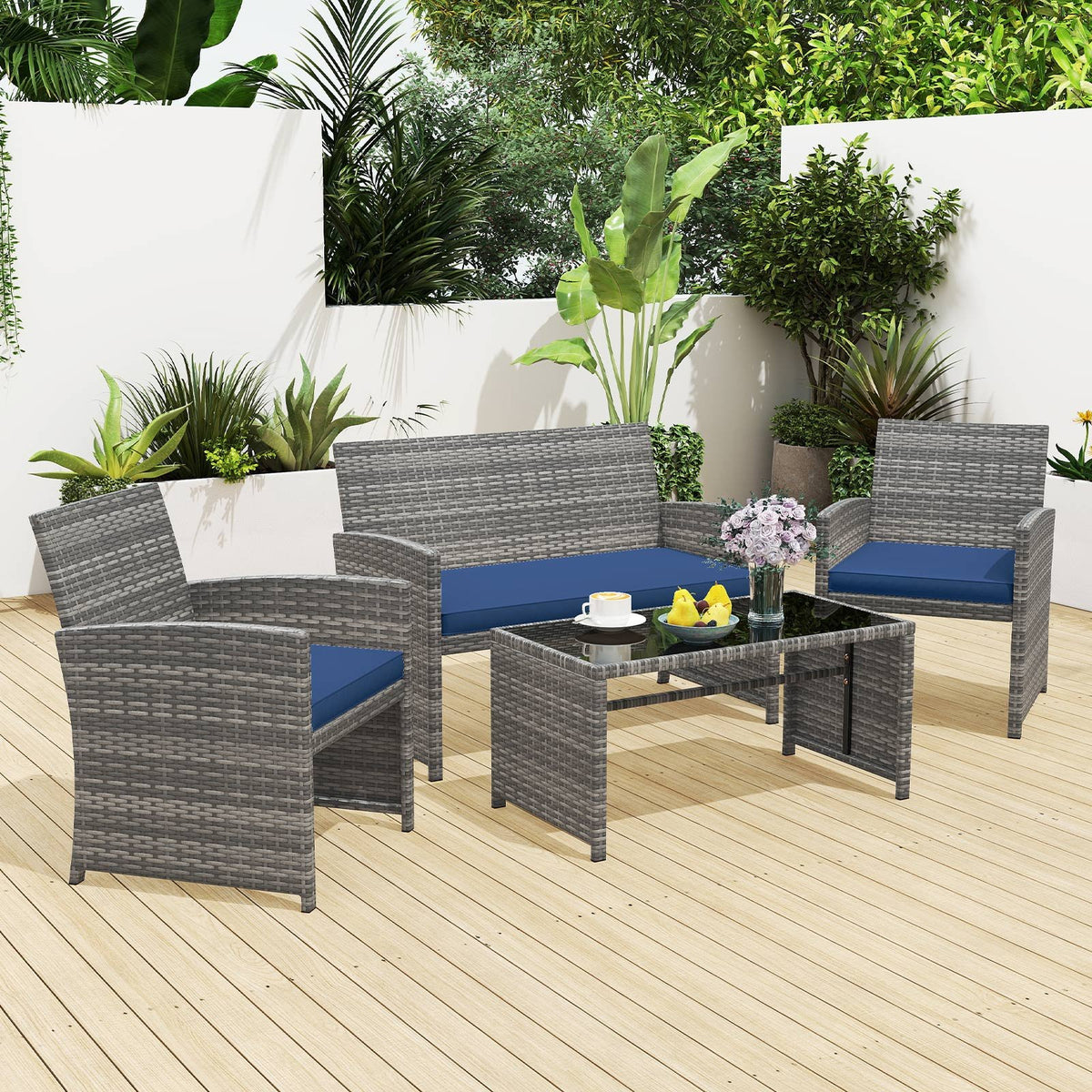 4 Piece Patio Conversation Set Rattan Chair Loveseat and Table Set-Navy view 2