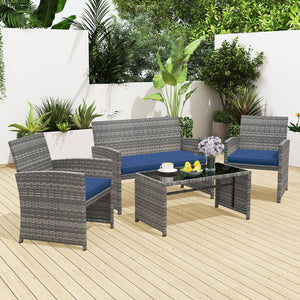 4 Piece Patio Conversation Set Rattan Chair Loveseat and Table Set-Navy view 2