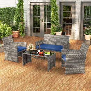 4 Piece Patio Conversation Set Rattan Chair Loveseat and Table Set-Navy view 3