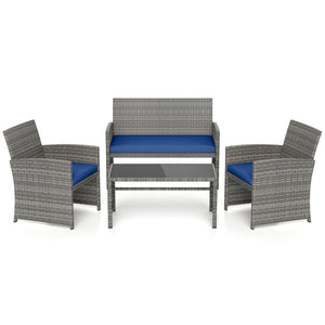 4 Piece Patio Conversation Set Rattan Chair Loveseat and Table Set-Navy view 4