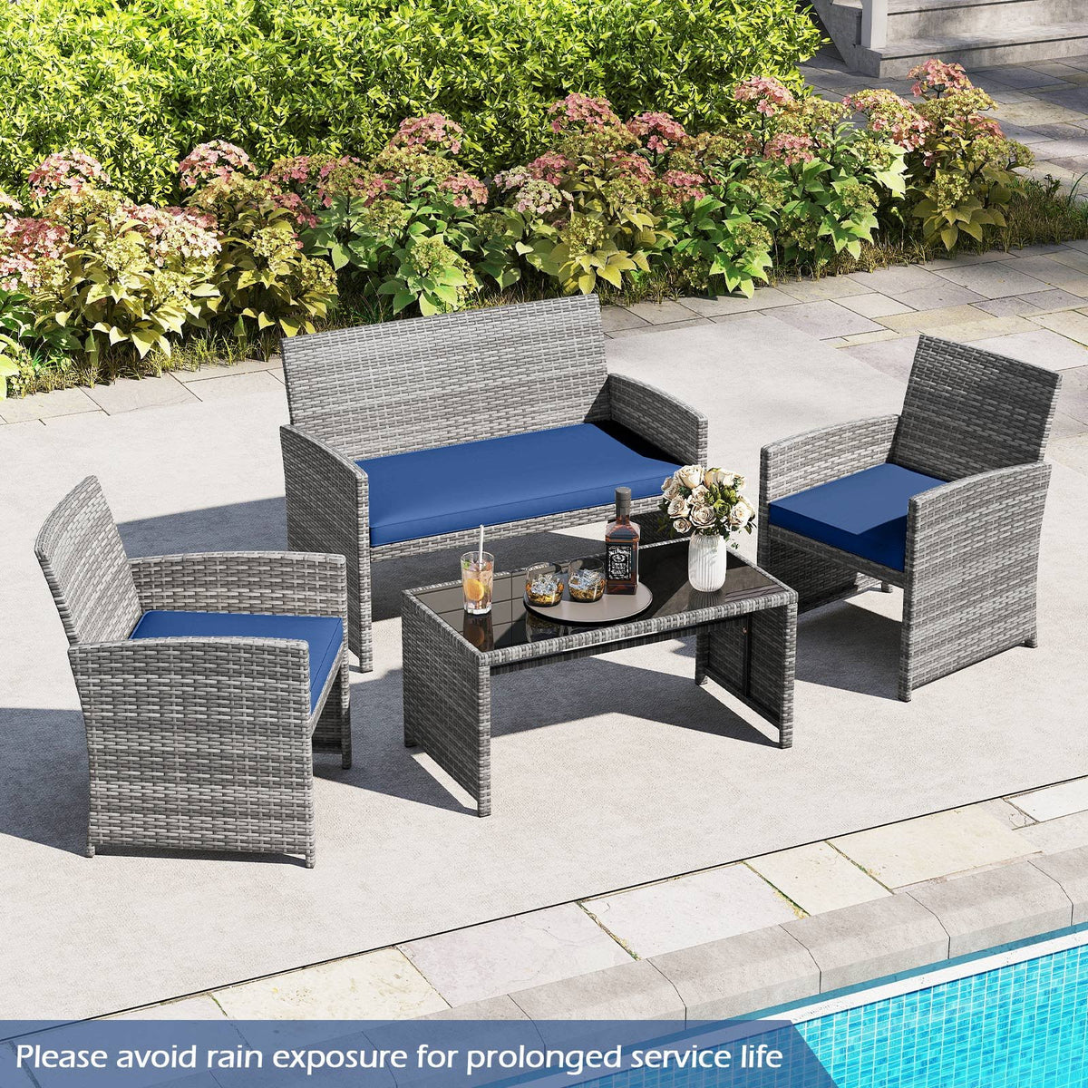 4 Piece Patio Conversation Set Rattan Chair Loveseat and Table Set-Navy view 6