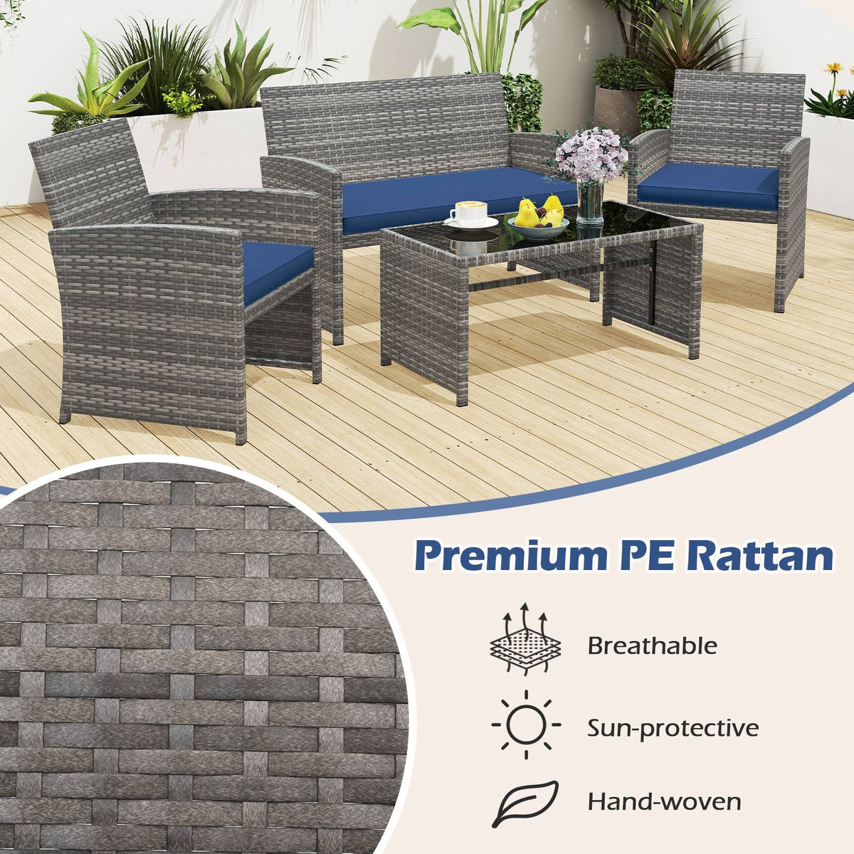 4 Piece Patio Conversation Set Rattan Chair Loveseat and Table Set-Navy view 7