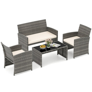 4 Piece Patio Conversation Set Rattan Chair Loveseat and Table Set-Off White