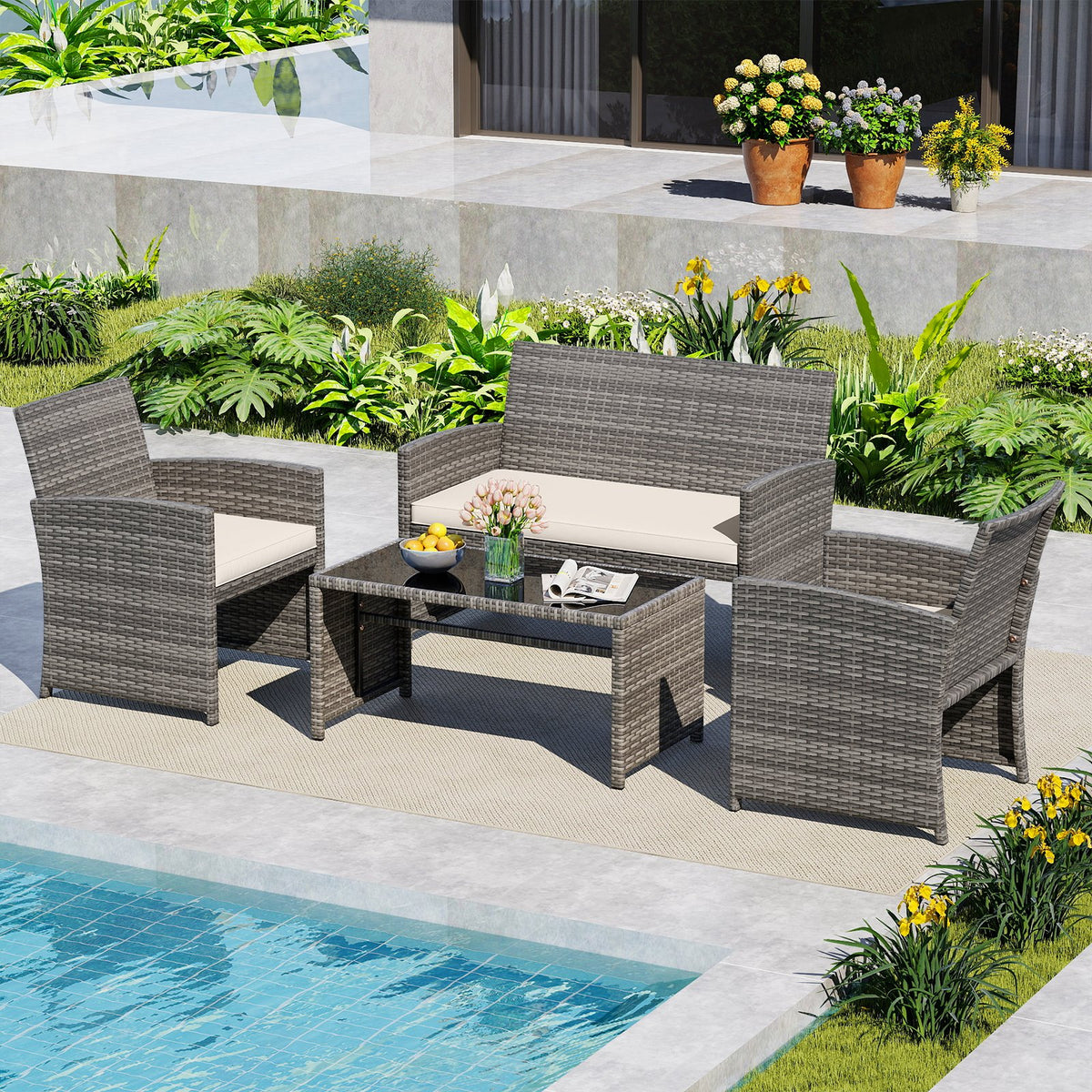 4 Piece Patio Conversation Set Rattan Chair Loveseat and Table Set-Off White view 2
