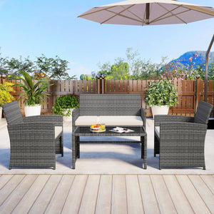 4 Piece Patio Conversation Set Rattan Chair Loveseat and Table Set-Off White view 3