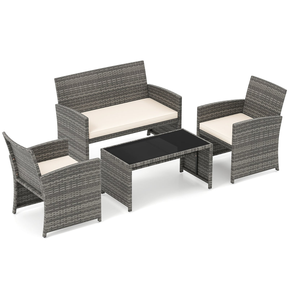 4 Piece Patio Conversation Set Rattan Chair Loveseat and Table Set-Off White view 4
