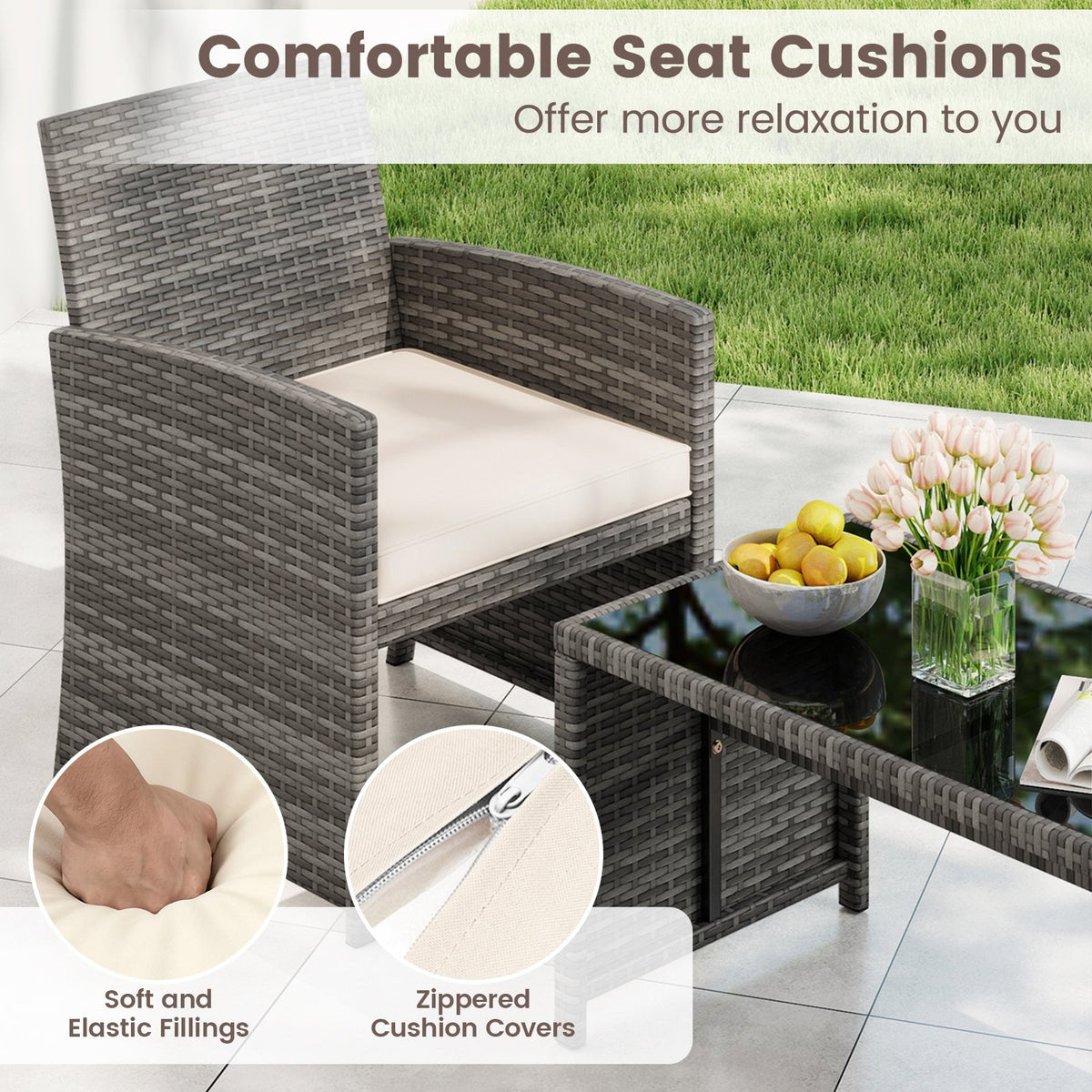 4 Piece Patio Conversation Set Rattan Chair Loveseat and Table Set-Off White view 8