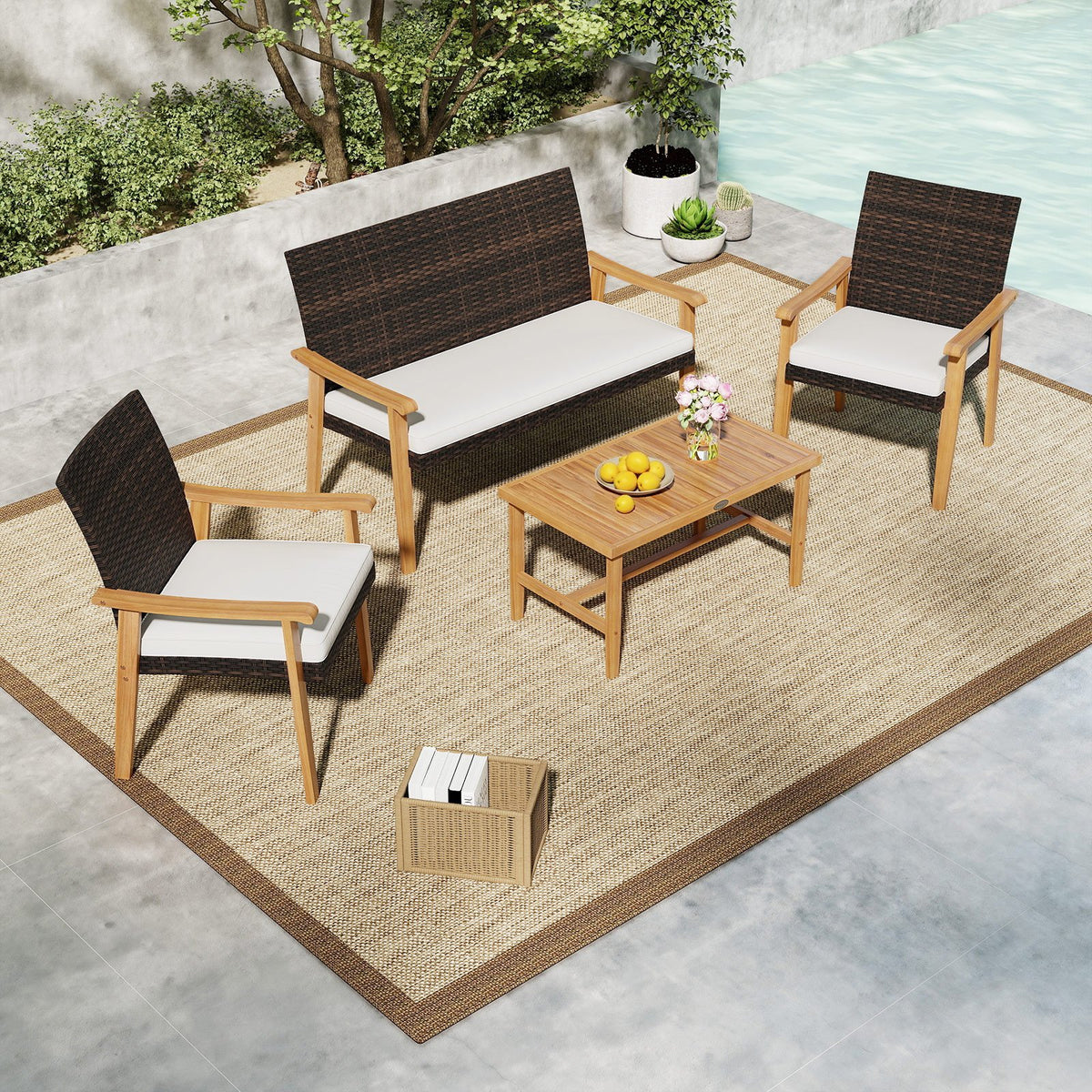 4 Piece Patio Furniture Set PE Rattan Porch Chairs with Acacia Wood Coffee Table and Soft Cushions-White view 2