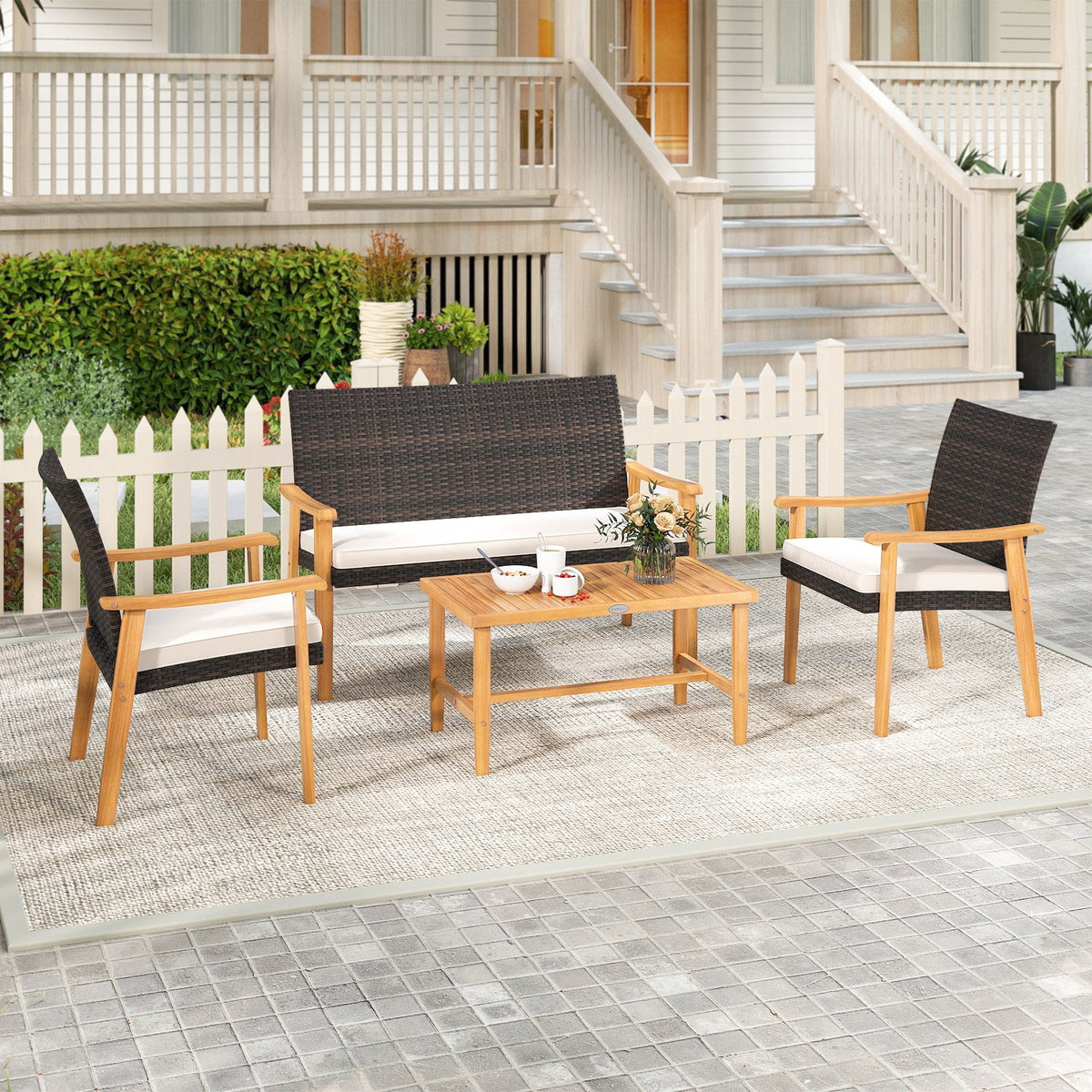 4 Piece Patio Furniture Set PE Rattan Porch Chairs with Acacia Wood Coffee Table and Soft Cushions-White view 3