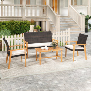 4 Piece Patio Furniture Set PE Rattan Porch Chairs with Acacia Wood Coffee Table and Soft Cushions-White view 3