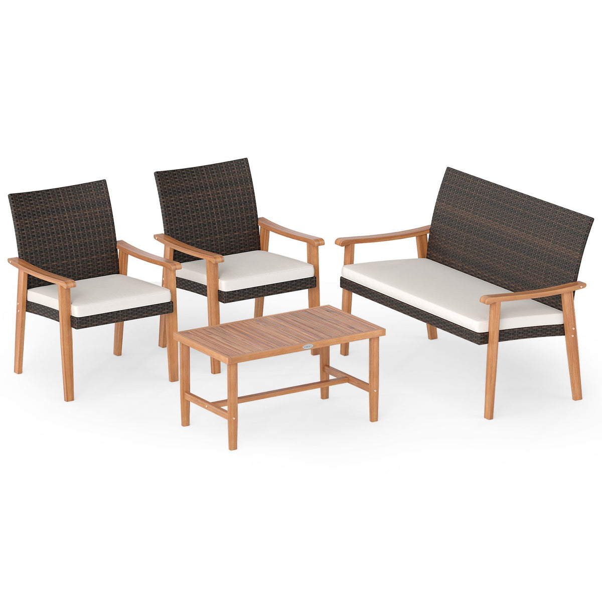 4 Piece Patio Furniture Set PE Rattan Porch Chairs with Acacia Wood Coffee Table and Soft Cushions-White view 4