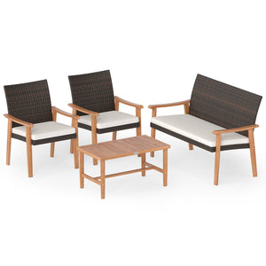 4 Piece Patio Furniture Set PE Rattan Porch Chairs with Acacia Wood Coffee Table and Soft Cushions-White view 4