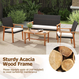4 Piece Patio Furniture Set PE Rattan Porch Chairs with Acacia Wood Coffee Table and Soft Cushions-White view 7