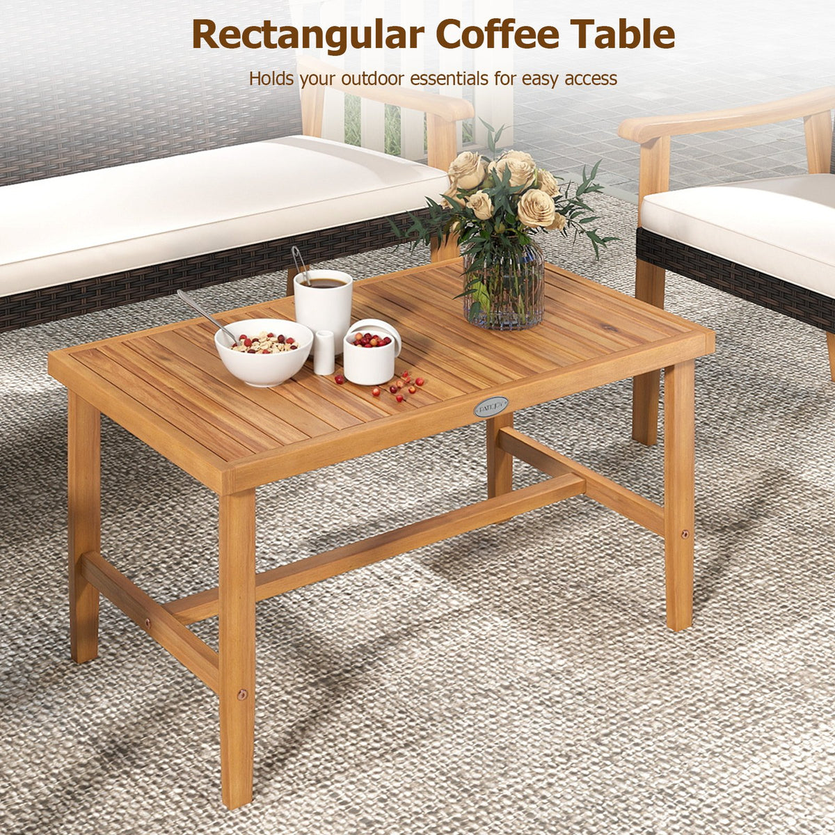4 Piece Patio Furniture Set PE Rattan Porch Chairs with Acacia Wood Coffee Table and Soft Cushions-White view 8