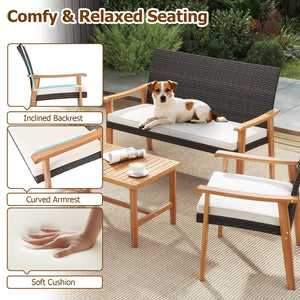 4 Piece Patio Furniture Set PE Rattan Porch Chairs with Acacia Wood Coffee Table and Soft Cushions-White view 9