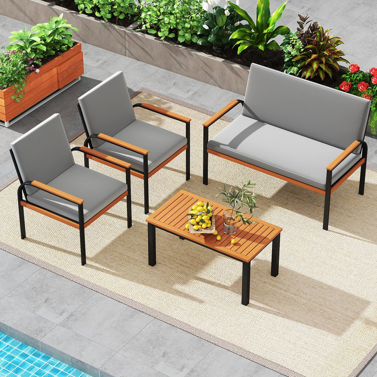 4 Piece Patio Furniture Set with Coffee Table and Loveseat with Removable Cushions-Gray view 2