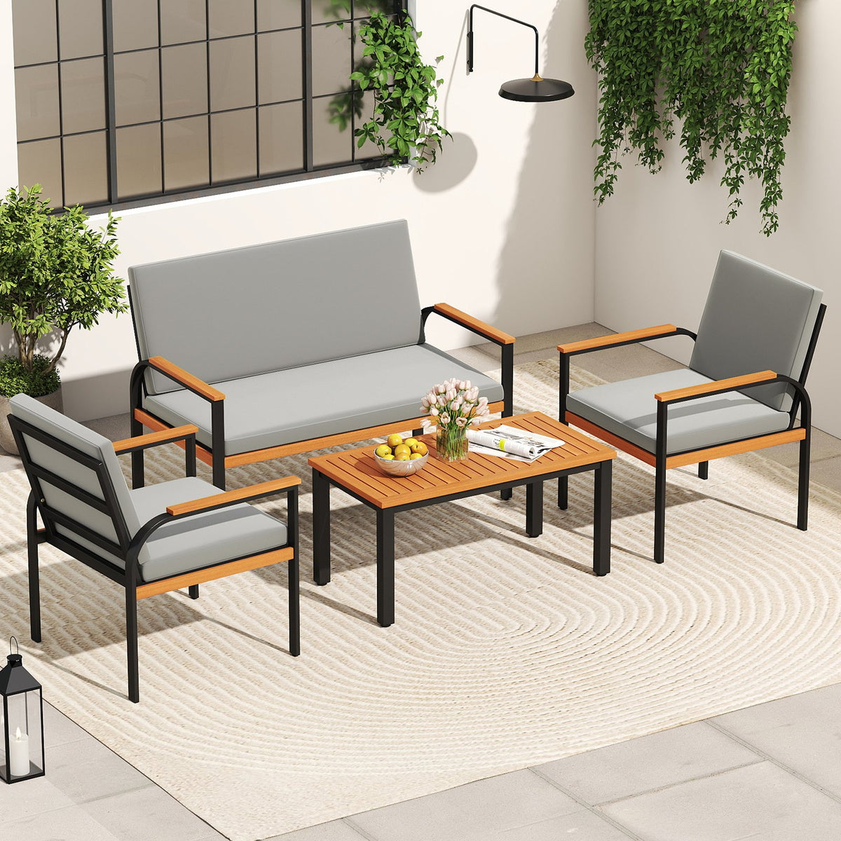4 Piece Patio Furniture Set with Coffee Table and Loveseat with Removable Cushions-Gray view 3