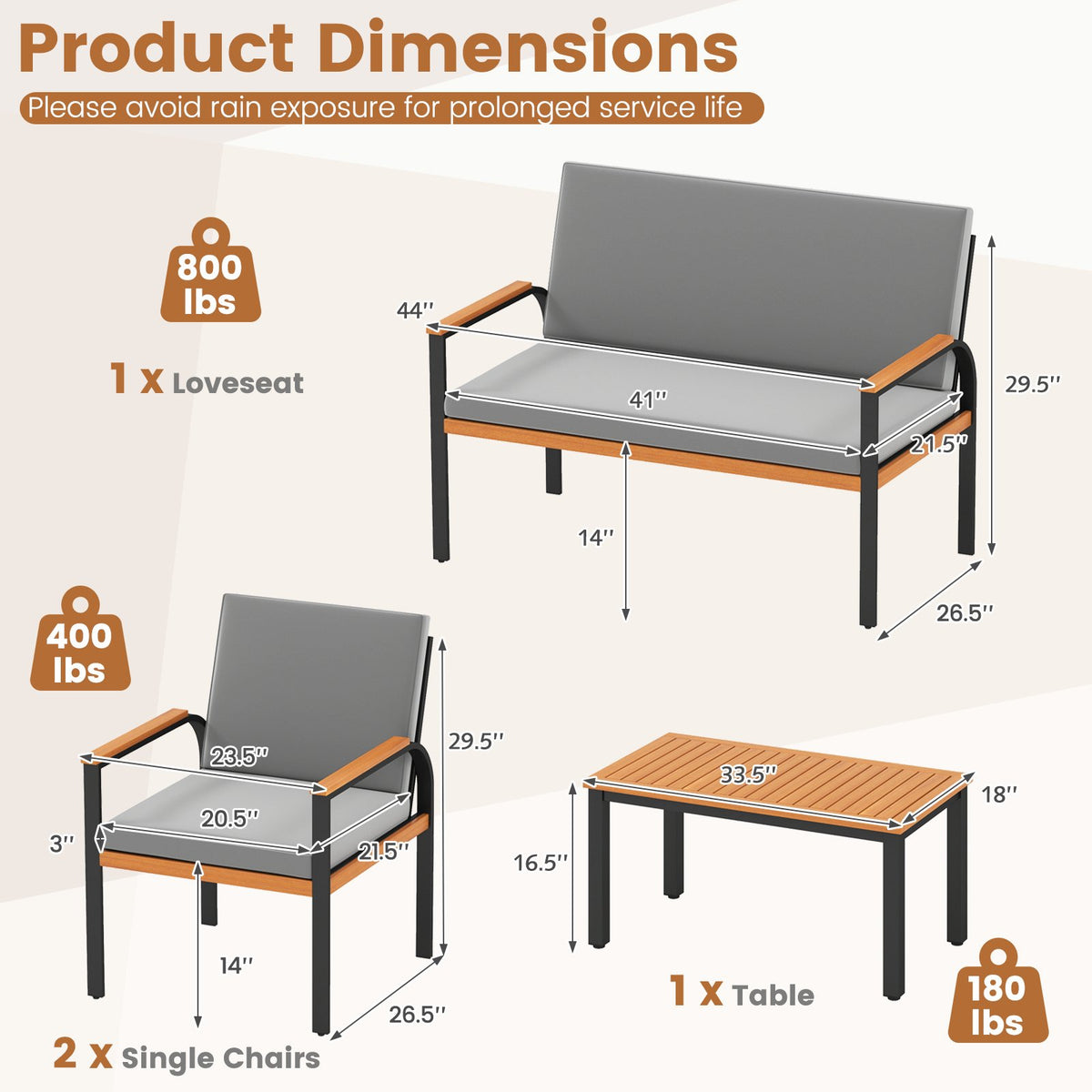 4 Piece Patio Furniture Set with Coffee Table and Loveseat with Removable Cushions-Gray view 4