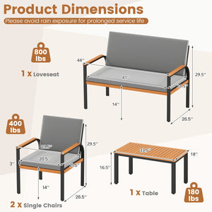 4 Piece Patio Furniture Set with Coffee Table and Loveseat with Removable Cushions-Gray view 4