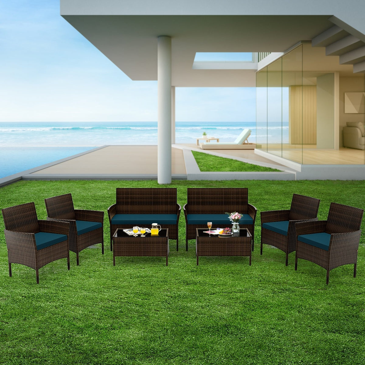 4 Piece Patio Rattan Conversation Set with Cozy Seat Cushions-Peacock Blue view 6