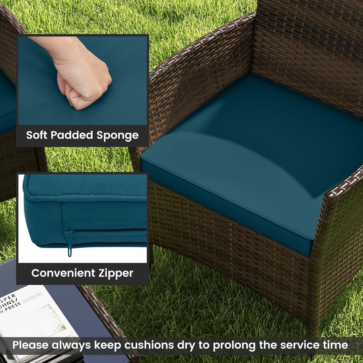 4 Piece Patio Rattan Conversation Set with Cozy Seat Cushions-Peacock Blue view 8