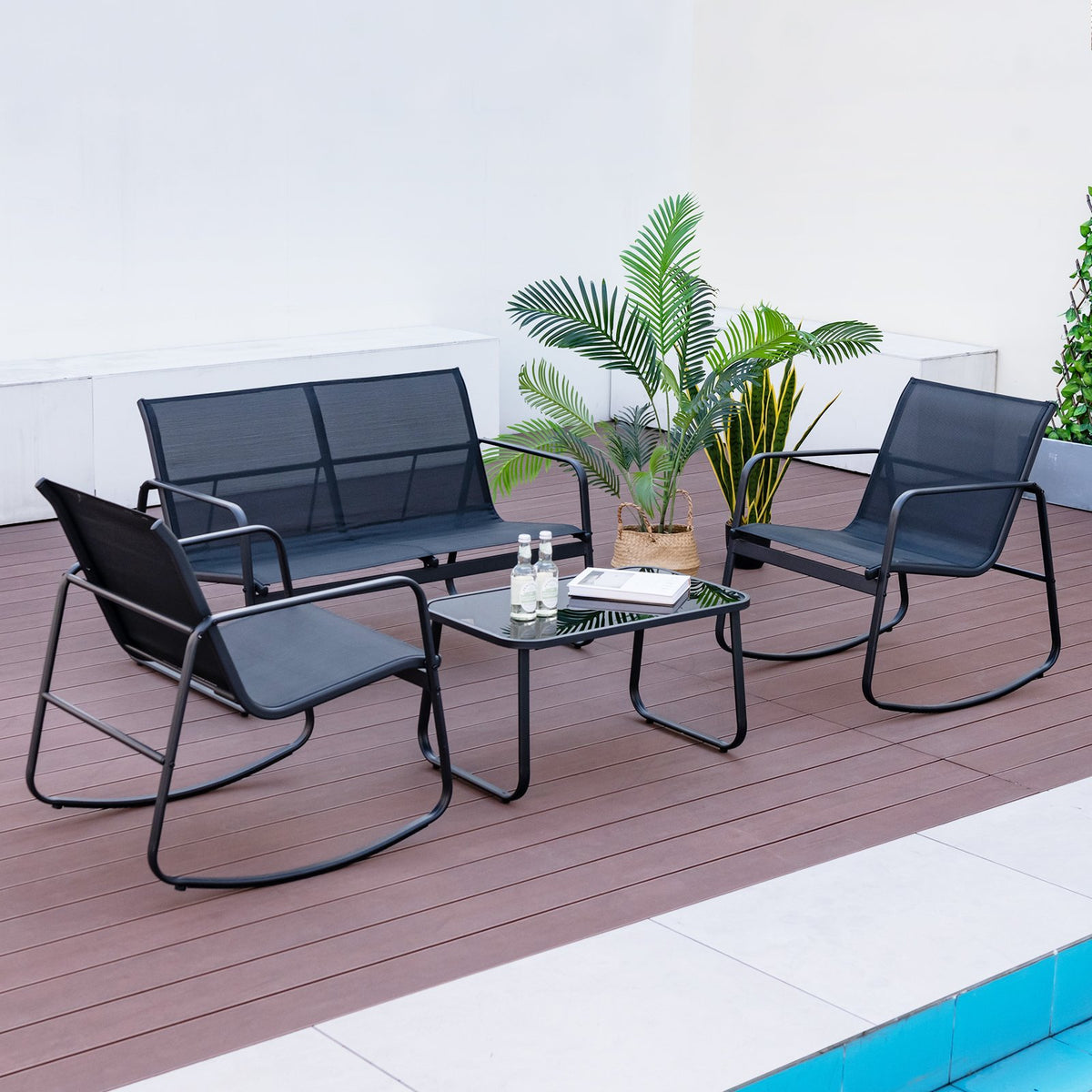 4 Piece Patio Rocking Set with Glass-Top Table-Black view 3