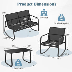 4 Piece Patio Rocking Set with Glass-Top Table-Black view 5