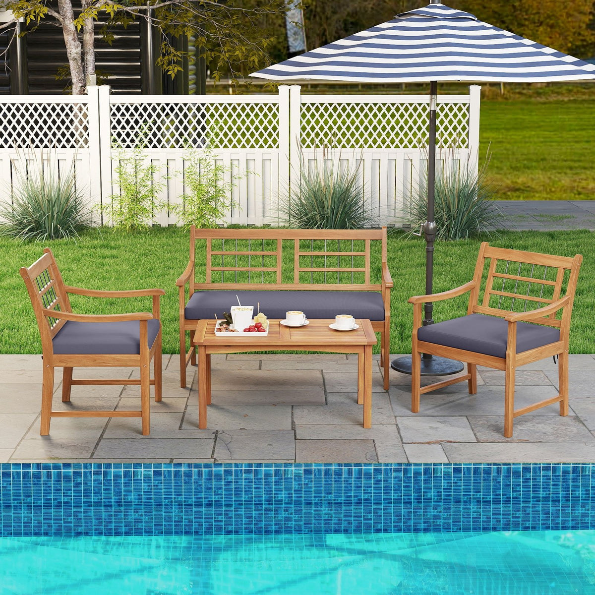 4 Piece Wood Patio Furniture with Armchairs Loveseat and Coffee Table-Gray view 3