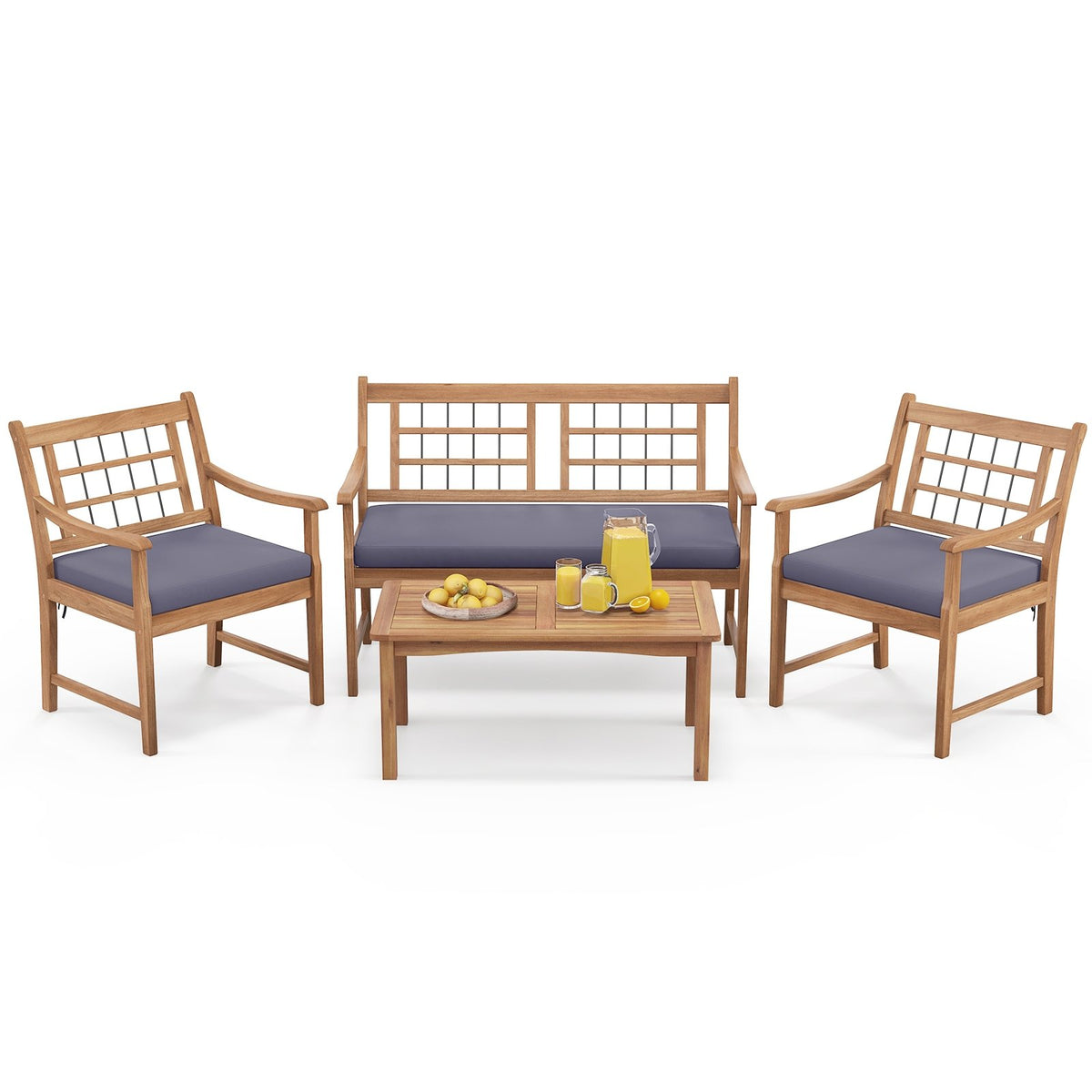 4 Piece Wood Patio Furniture with Armchairs Loveseat and Coffee Table-Gray view 4