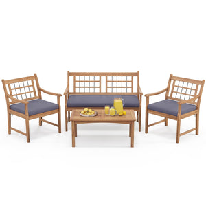 4 Piece Wood Patio Furniture with Armchairs Loveseat and Coffee Table-Gray view 4