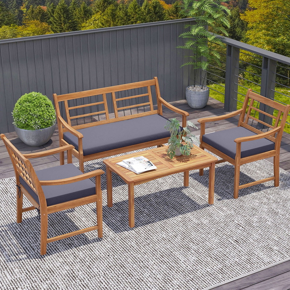 4 Piece Wood Patio Furniture with Armchairs Loveseat and Coffee Table-Gray view 6