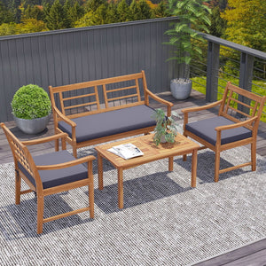 4 Piece Wood Patio Furniture with Armchairs Loveseat and Coffee Table-Gray view 6