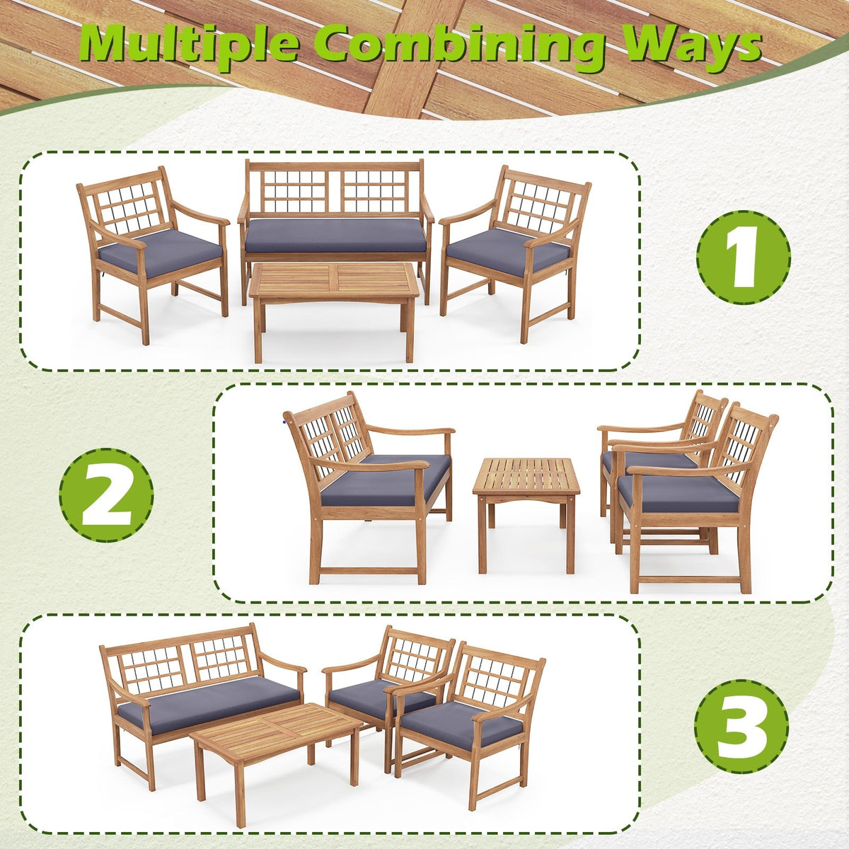 4 Piece Wood Patio Furniture with Armchairs Loveseat and Coffee Table-Gray view 9