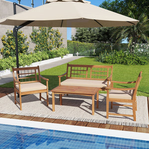 4 Piece Wood Patio Furniture with Armchairs Loveseat and Coffee Table-Off White view 2