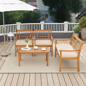 4 Piece Wood Patio Furniture with Armchairs Loveseat and Coffee Table-Off White view 3