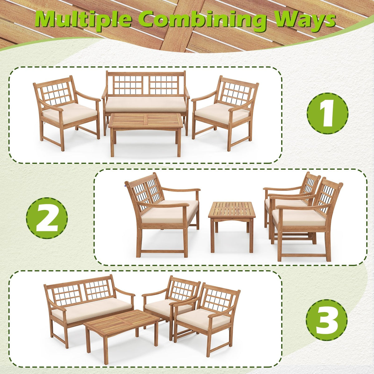 4 Piece Wood Patio Furniture with Armchairs Loveseat and Coffee Table-Off White view 4