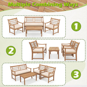 4 Piece Wood Patio Furniture with Armchairs Loveseat and Coffee Table-Off White view 4