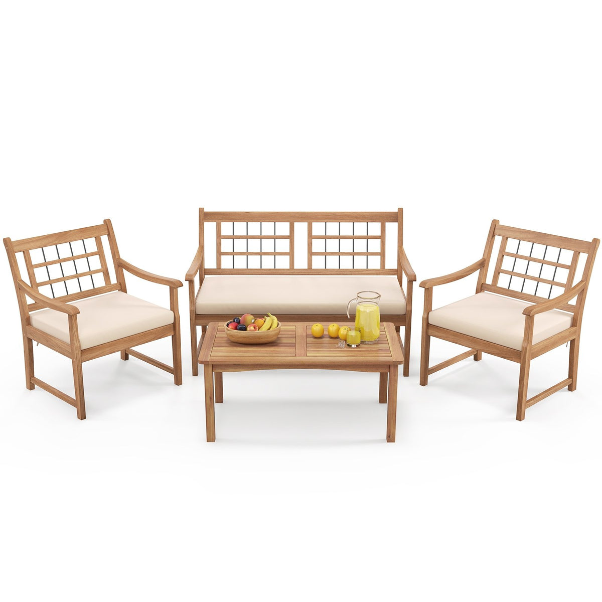 4 Piece Wood Patio Furniture with Armchairs Loveseat and Coffee Table-Off White view 5