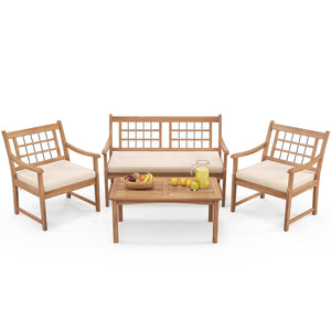 4 Piece Wood Patio Furniture with Armchairs Loveseat and Coffee Table-Off White view 5
