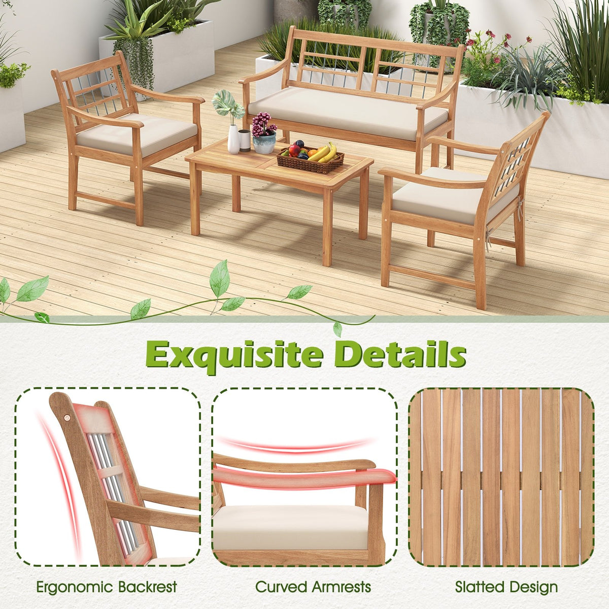 4 Piece Wood Patio Furniture with Armchairs Loveseat and Coffee Table-Off White view 8