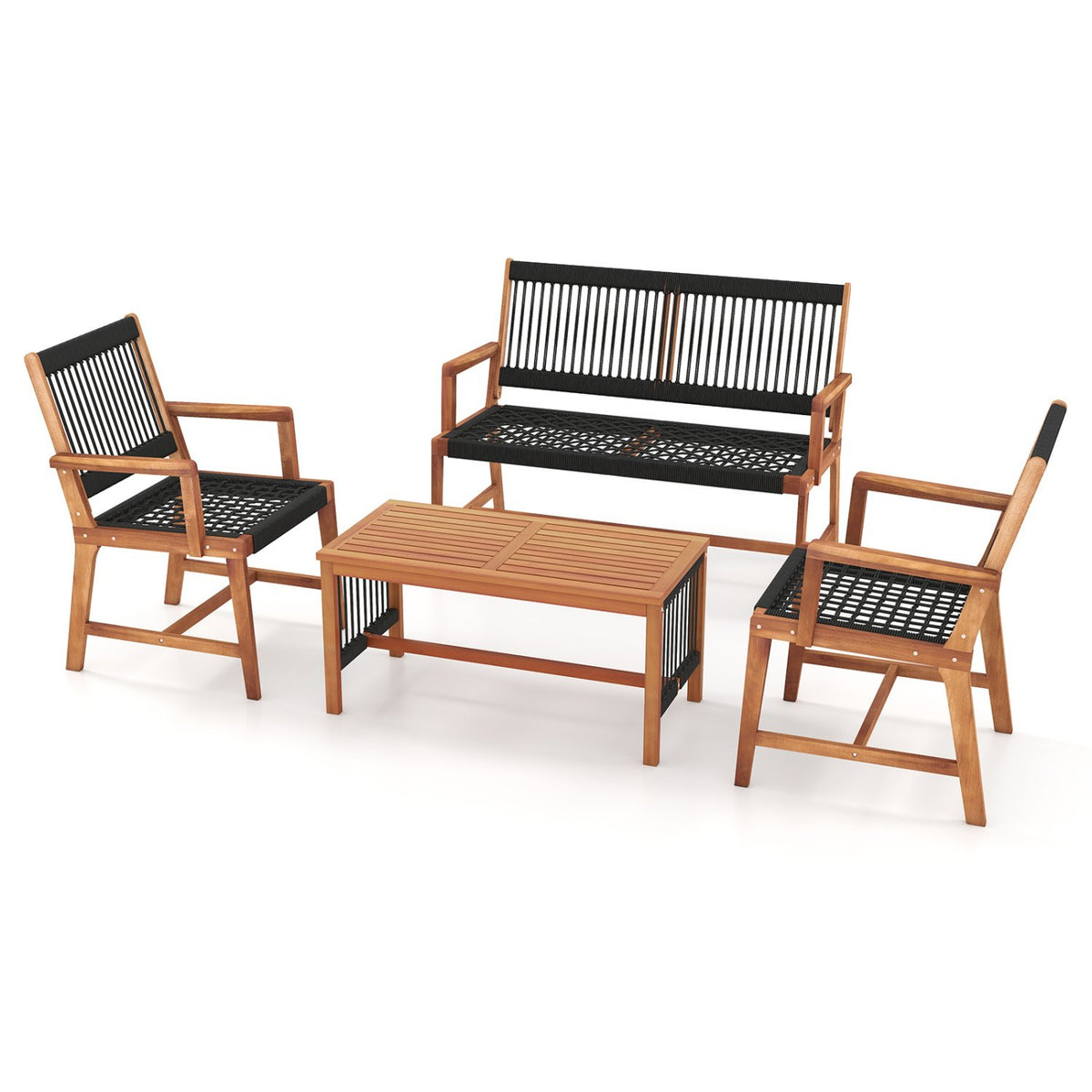 4 Pieces Acacia Wood Patio Conversation Table and Chair Set with Hand Woven Rope